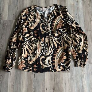 Belle Boho by Kim Gravel Black and Tan Leaf Print Blouse